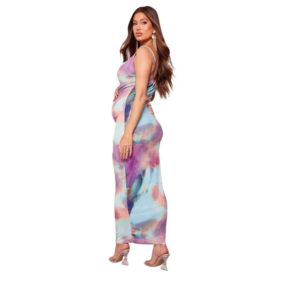PrettyLittleThing Multicolor Maternity Abstract Print Cowl Neck Maxi Dress NWT - Picture 4 of 16